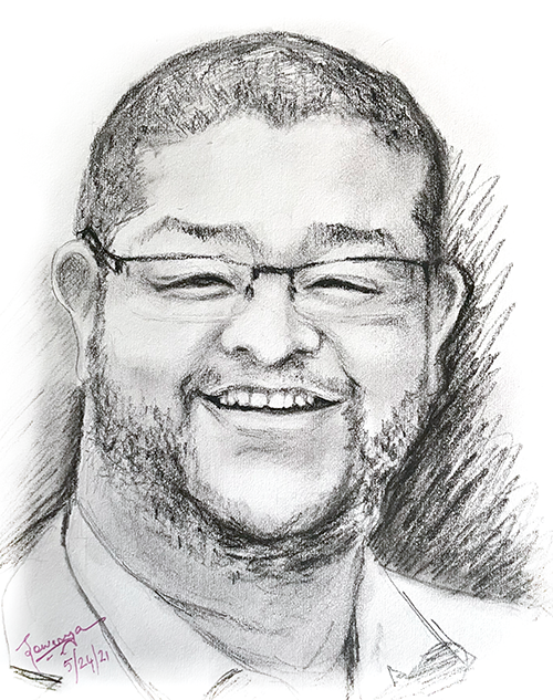 A pencil drawing of Andrew Greenlee made by Dr. Sowmya Balachandran.